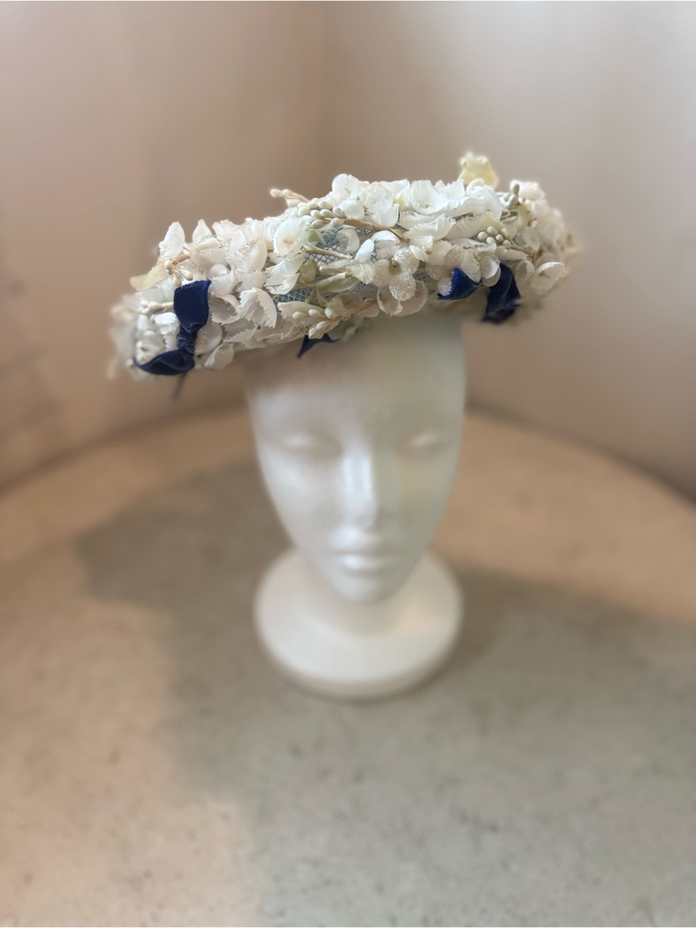 Ivory Floral Crown Pillbox Hat with Navy Accents